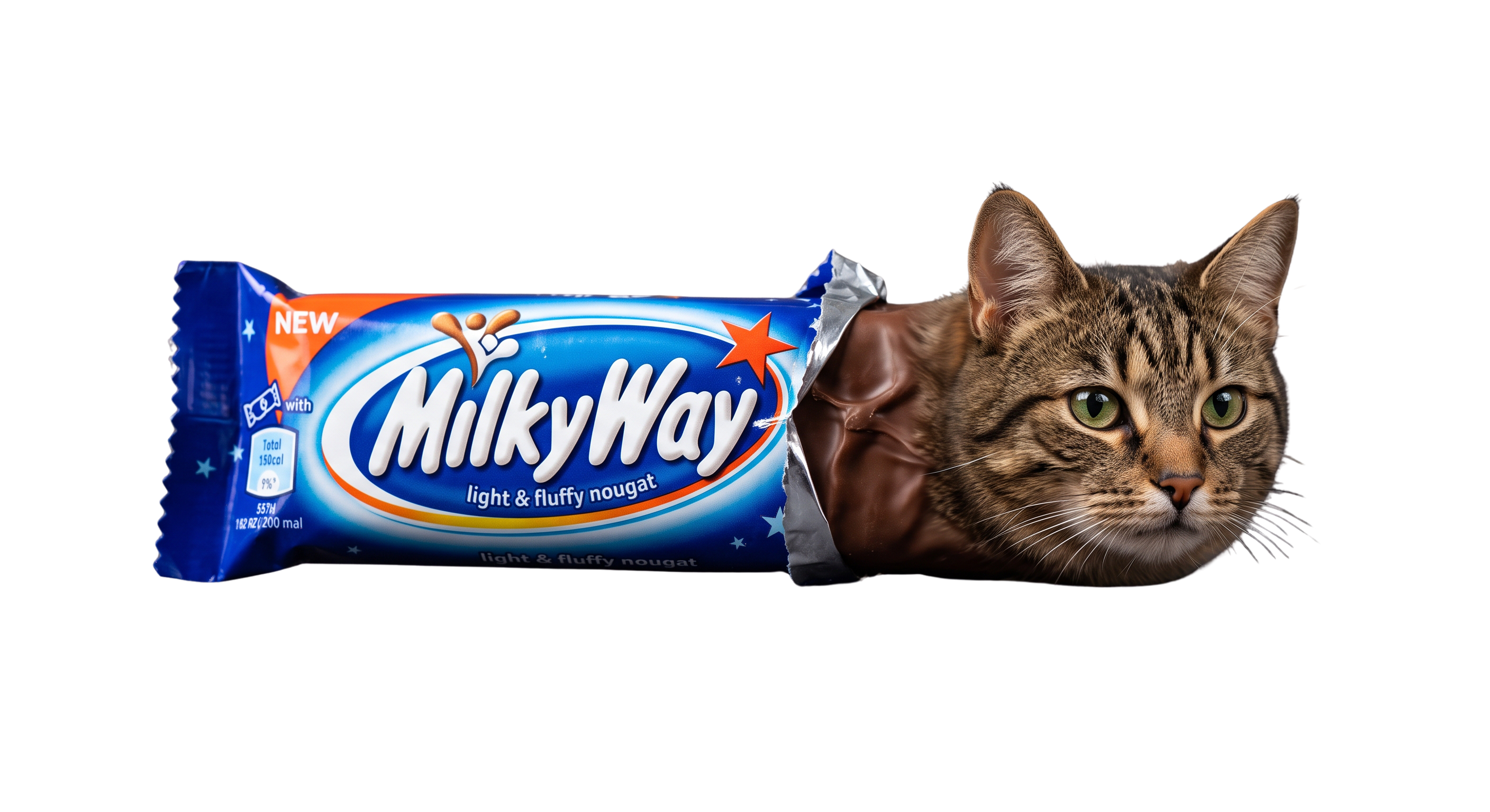 MilkyCat candy bar with a tabby cat's face peeking out of the wrapper